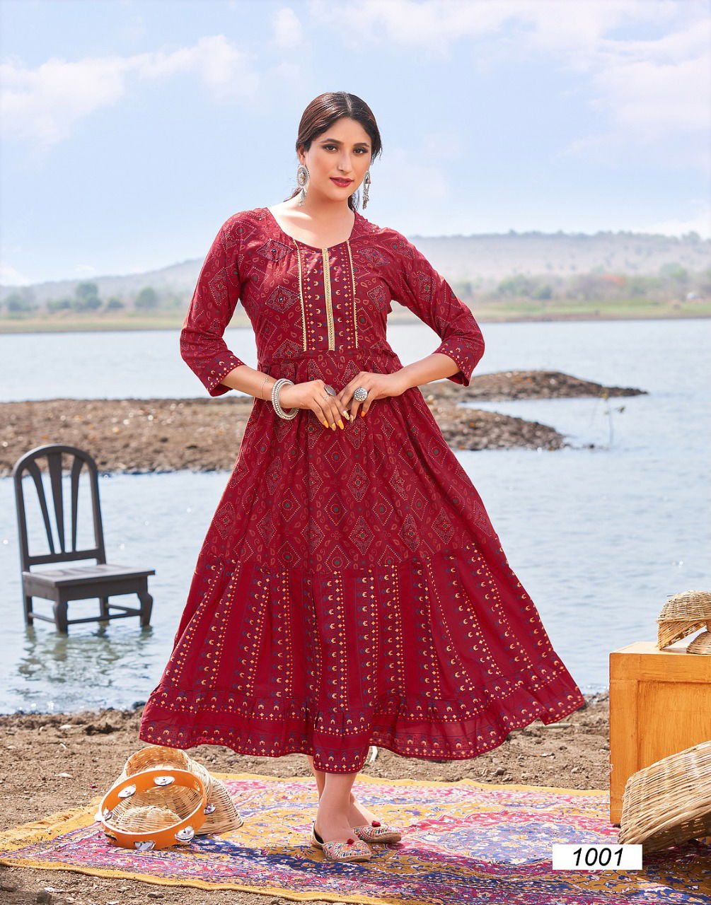 Banwery Fairy Stories 1 Rayon Printed Party Wear Long Anarakli Kurti Collection